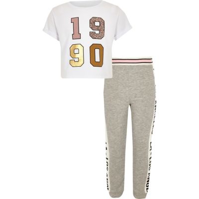 Girls white &#39;1990&#39; crop top and jogger set